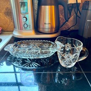 Vintage Glass Star pattern creamer pitcher and oval serving dish